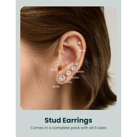 6 Pairs Hypoallergenic CZ Stud Earrings Set - Stainless Steel, 3-8mm - Picture 2 of 9